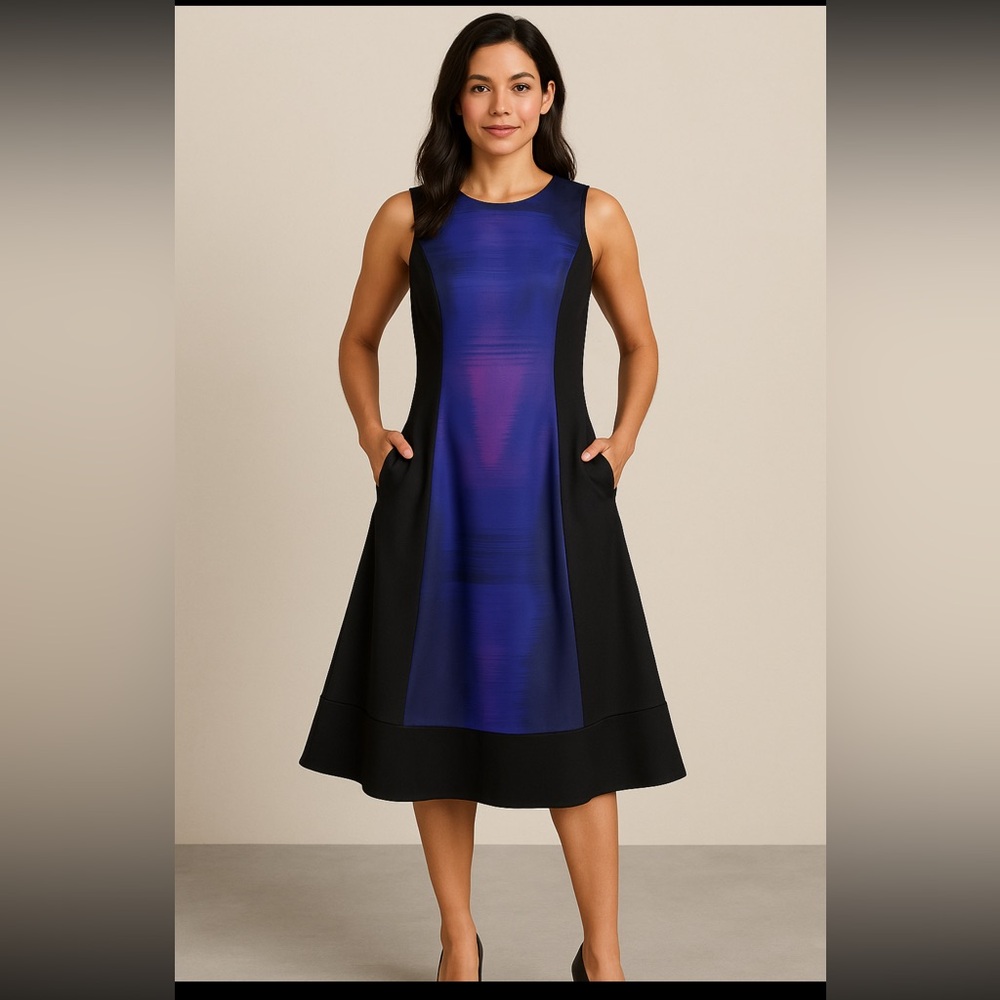 DKNY black ponte a-line flared sleeveless midi dress with contrast panel 10